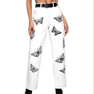 White butterfly print high waisted jeans, size small